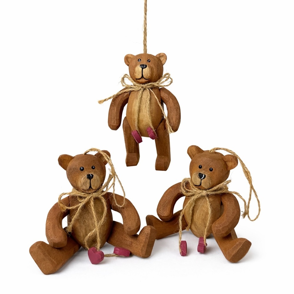 Rustic Wood Teddy Bear Ornaments Set 3 Farmhouse Cottage Decor - Picture 2 of 12